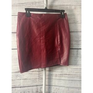 Yoxua Women Burgundy Faux Leather Asymmetrical Hem Slit‎ Mini Skirt L